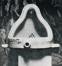 Figure 1.2: Fountain by Marcel Duchamp. Fountain is an example of a Readymade, where an artist sees something that already exists in the world then creatively repurposes it for art. So far, a lot of social research in the digital age has involved repurposing data that created for some purpose other than research. Photo by Alfred Stiglitz, 1917. Source: Wikimedia Commons.