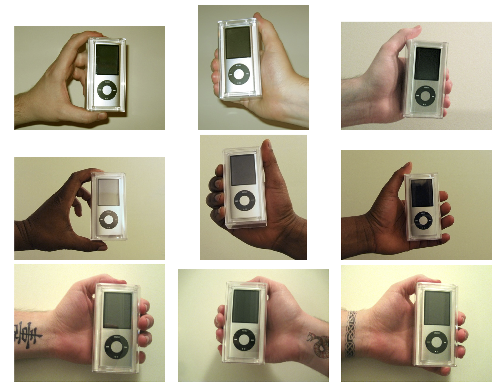 Figur 4.13: Händer som används i experimentet Doleac och Stein (2013). iPods såldes av säljare med olika egenskaper för att mäta diskriminering i en online-marknadsplats. Reproducerad med tillstånd från Doleac och Stein (2013), figur 1.