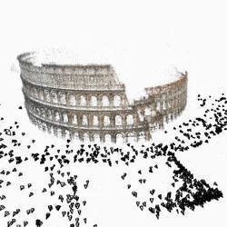 Kuva 5.10: 3-D jälleenrakentamiseen Colosseumille suuri joukko 2-D kuvia projektin Rakennukset Rooma päivässä. Kolmiot edustavat paikkoja, joista otettiin valokuvia (Agarwal et al. 2011).