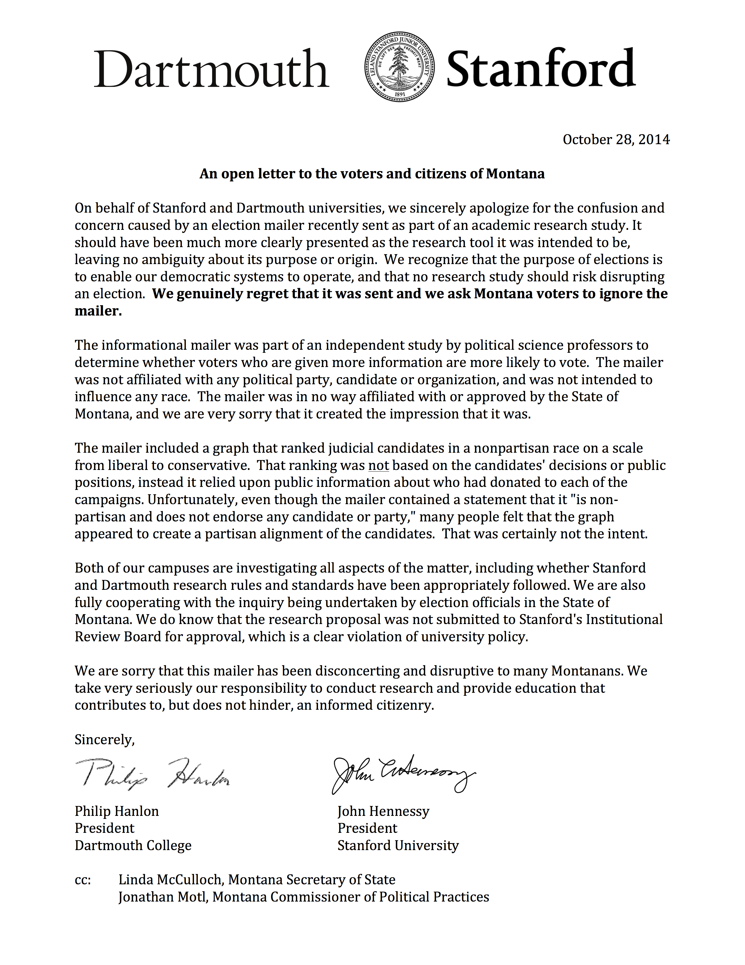 Slika 6.11: Pismo apologije koja je poslana 102.780 registriranih birača u Montani koji su primili mailer prikazan na slici 6.10. Pismo su poslali predsjednici Dartmoutha i Stanforda, sveučilišta koja su koristila istraživače koji su poslali mailera. Reproducira se iz Motl (2015).